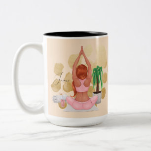 Caneca De Café Em Dois Tons Dama de Planta de Ioga Aquarela Plantas