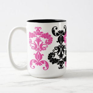 Caneca De Café Em Dois Tons Damasco elegante do vintage no preto e no rosa