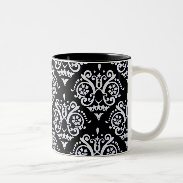 Caneca De Café Em Dois Tons Damasco Elegante Preto e Branco (Direita)