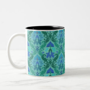 Caneca De Café Em Dois Tons Damasco floral azul elegante