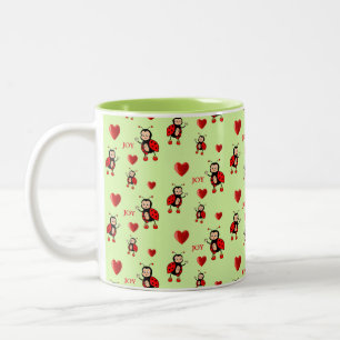 Caneca De Café Em Dois Tons Damybugs, Corações e Alegria Texto em Verde Claro