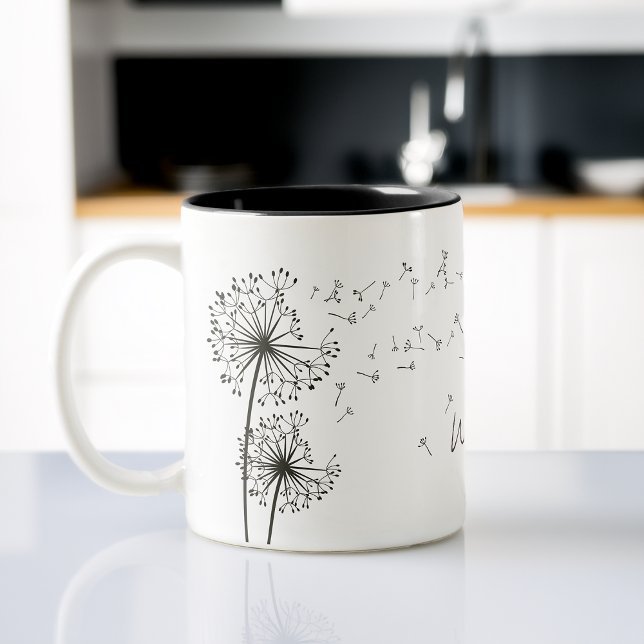 Caneca De Café Em Dois Tons Dandelion Desejo Gráfico Inspirador (Inspiring Graphic Wish Dandelion Graphic Two-Tone Coffee Mug)