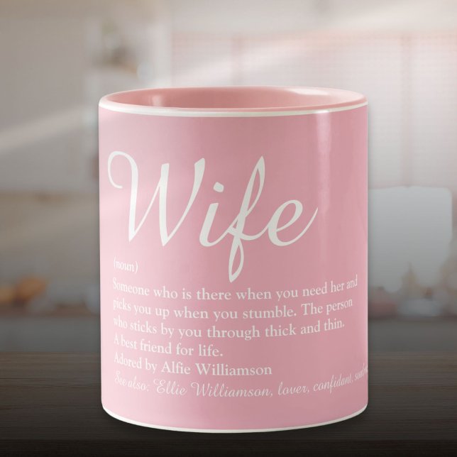 Caneca De Café Em Dois Tons Definição de Esposa Elegante Script Rosa Divertido (Elegant Script Wife Definition Girly Pink Fun Two-Tone Coffee Mug)
