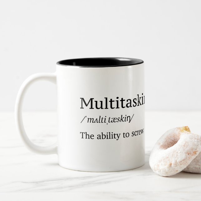 Caneca De Café Em Dois Tons Definição engraçada da multitarefa (Com Donut)