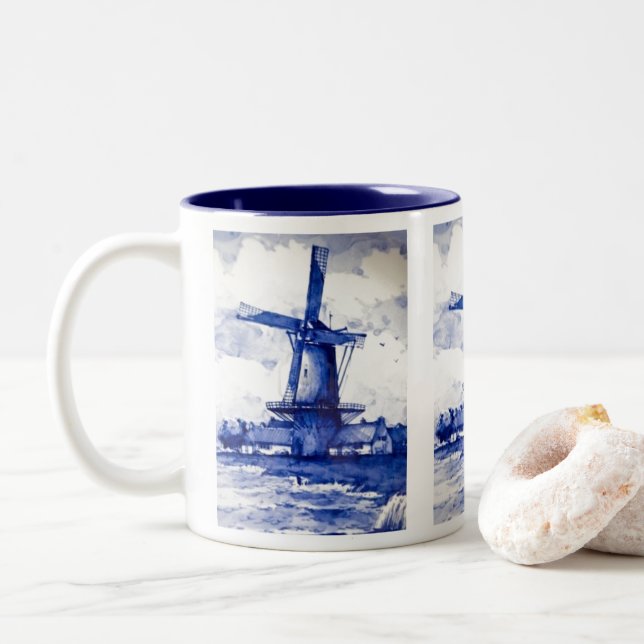 Caneca De Café Em Dois Tons Delft Blue Windmill (Com Donut)