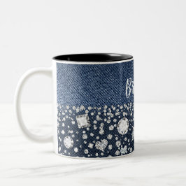 Caneca De Café Em Dois Tons Denim Azul e Diamantes Brilho Coração de Diamante