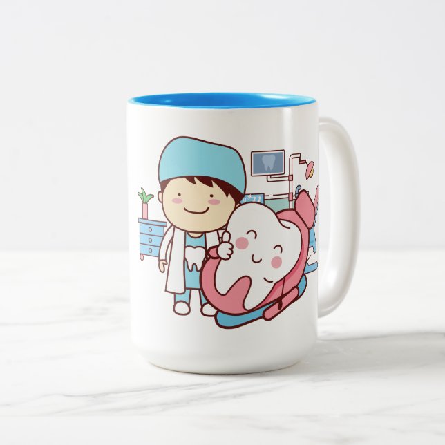 Caneca De Café Em Dois Tons dentista animado com dente   (Frente Esquerda)