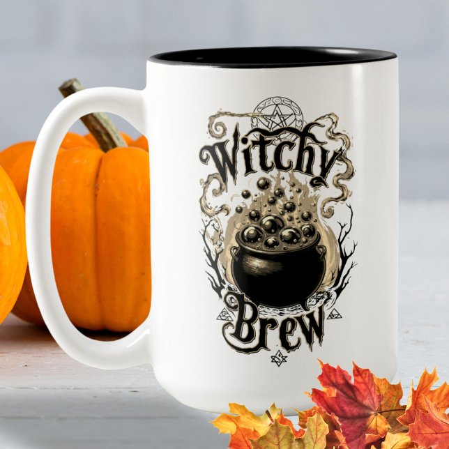 Caneca De Café Em Dois Tons Desajeitada Caldeirão Preto Retro Halloween Bruxas (Criador carregado)