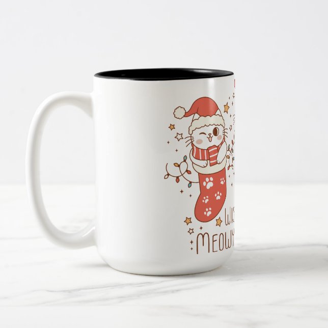 Caneca De Café Em Dois Tons Desejando-lhe um Natal meowy (Esquerda)