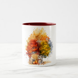 Caneca De Café Em Dois Tons Desenho de Cachorro no Outono em Aquarela - Corgi