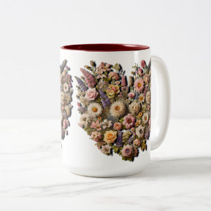 Caneca De Café Em Dois Tons Desenho de Flores Silvestres em Forma de Coração