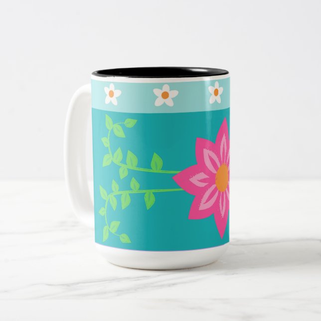 Caneca De Café Em Dois Tons Desenho de Flores Vibrantes em Flor (Frente Esquerda)