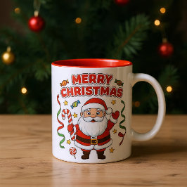 Caneca De Café Em Dois Tons Desenho de Natal do Papai Noel com Fitas de Doces