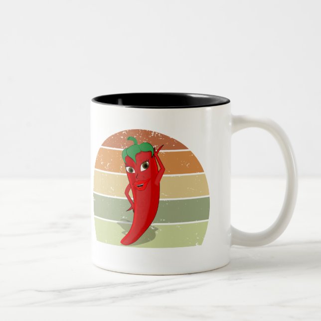 Caneca De Café Em Dois Tons Desenho De Pimenta Quente, Retro-Sunset, Distante (Direita)