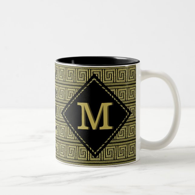 Caneca De Café Em Dois Tons Design Clássico Chave Grega em Dourado e Preto (Direita)