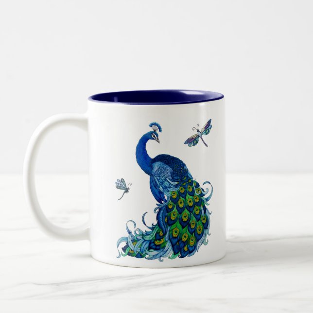 Caneca De Café Em Dois Tons Design Clássico de Peacock e Dragonfly (Esquerda)