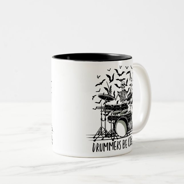 Caneca De Café Em Dois Tons Design de Esqueleto de Baterista Louco (Frente Esquerda)