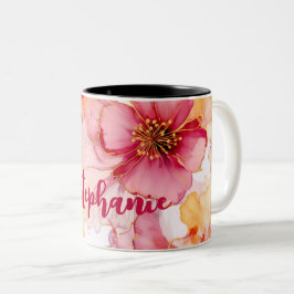 Caneca De Café Em Dois Tons design de flor de aquarela com nome