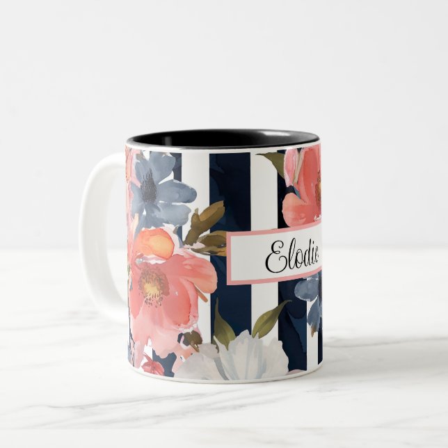 Caneca De Café Em Dois Tons design de flor de aquarela com nome (Frente Esquerda)