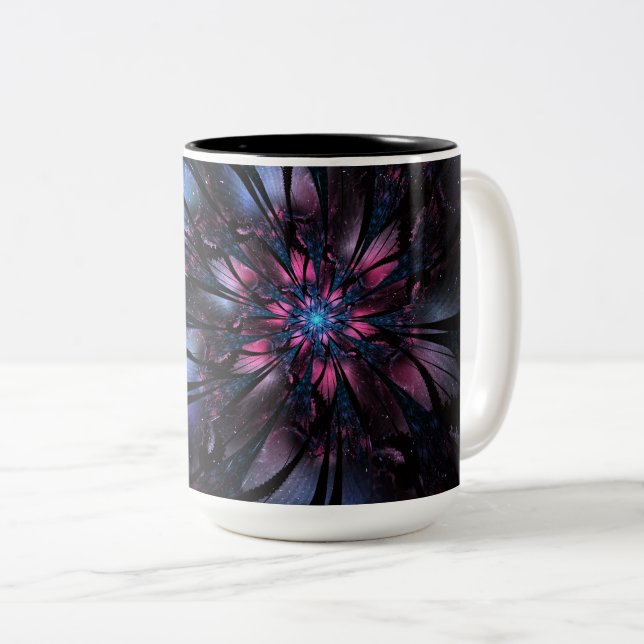 Caneca De Café Em Dois Tons design de flor fractal abstrato. (Frente Esquerda)
