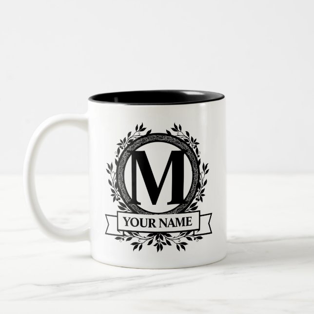Caneca De Café Em Dois Tons Design de Monograma Floral (Esquerda)