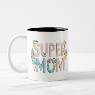 Caneca De Café Em Dois Tons Design de texto Super Mãe Floral