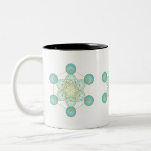 Caneca De Café Em Dois Tons Design do Cubo de Metatron Azul e Dourado