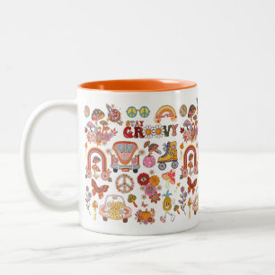 Caneca De Café Em Dois Tons Design floral floral de flores coloridas retrógrad