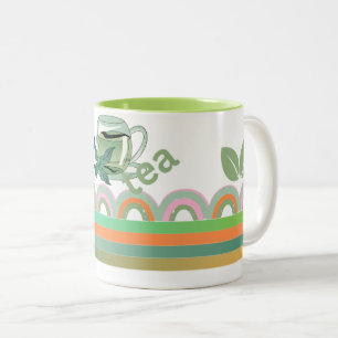 Caneca De Café Em Dois Tons Design Geométrico com Ênfase de Folhas de Chá