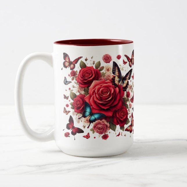 Caneca De Café Em Dois Tons Destaque Vermelho com Rosas vermelhas (Esquerda)