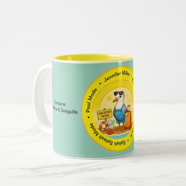Caneca De Café Em Dois Tons destino ensolarado divertido gaivota praia nome do (Frente Esquerda)