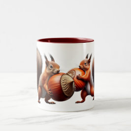 Caneca De Café Em Dois Tons Deux écureuils se croisent avec leurs noisettes.