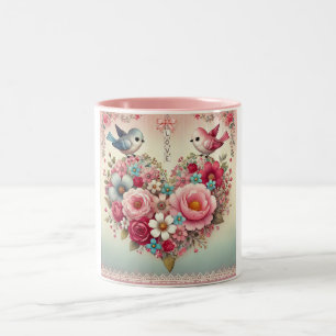 Caneca De Café Em Dois Tons Dia dos Namorados vintage floral/ave/coração