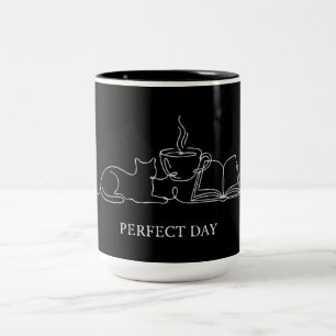 Caneca De Café Em Dois Tons Dia Perfeito Minimalista Gato Livro e Café Linha d