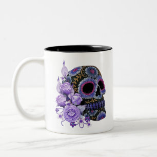 Caneca De Café Em Dois Tons Dia preto floral roxo do crânio do açúcar do morto