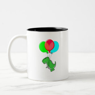 Caneca De Café Em Dois Tons Dino Bonito E Irritado Voando Com Balões De Festas