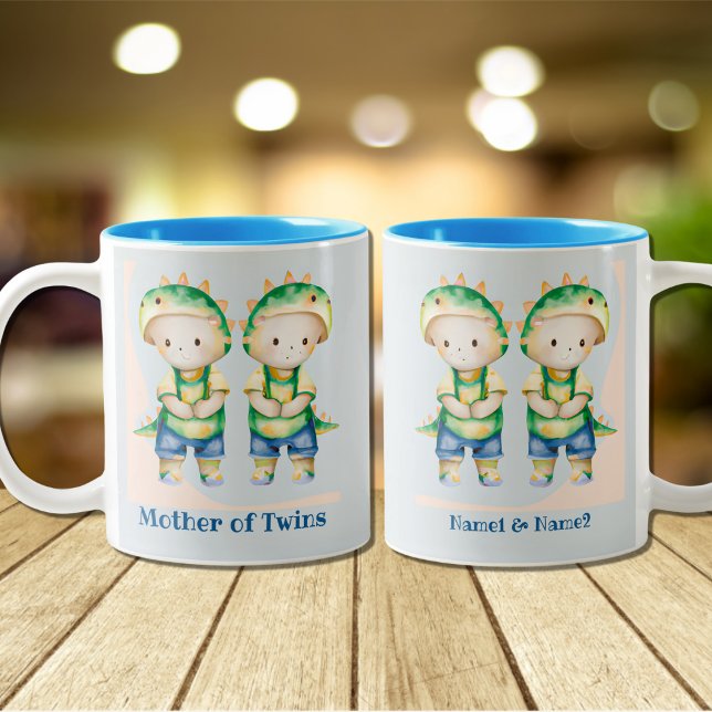 Caneca De Café Em Dois Tons Dino Madre do Menino Gêmeos Personalizados Azul (Criador carregado)