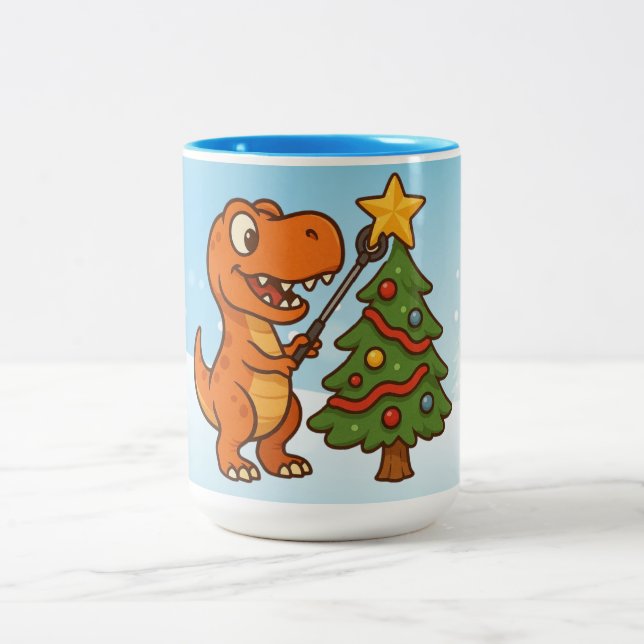 Caneca De Café Em Dois Tons Dinossauro fofo com árvore de Natal (Centro)