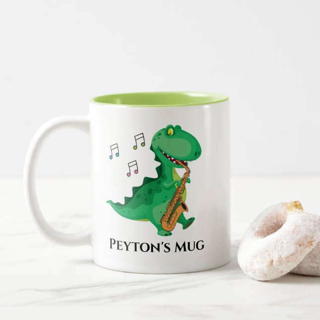 Caneca De Café Em Dois Tons Dinossauro Jogador Saxofone (Com Donut)