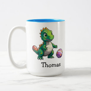 Caneca De Café Em Dois Tons Dinossauro verde-bonito com ovos de Páscoa