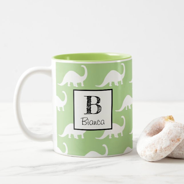 Caneca De Café Em Dois Tons Dinossauros brancos na moda do Brontosaurus (Com Donut)