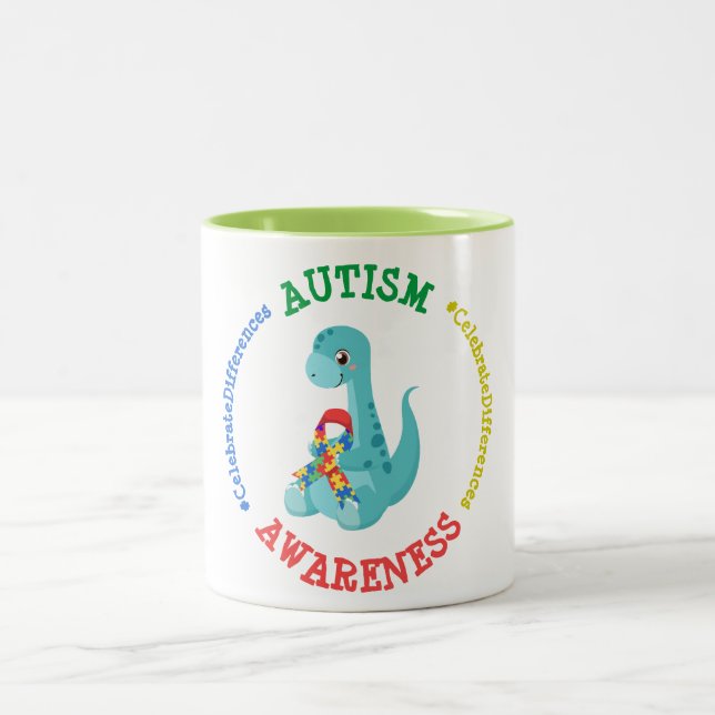Caneca De Café Em Dois Tons Dinossauros da Consciência Autismo (Centro)