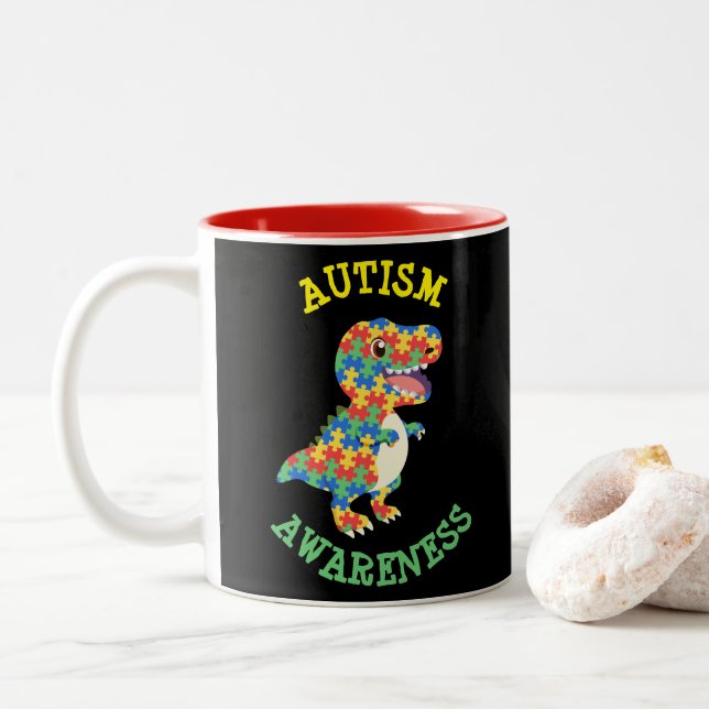 Caneca De Café Em Dois Tons Dinossauros da Consciência Autismo (Com Donut)