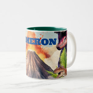 Caneca De Café Em Dois Tons Dinossauros Realistas e Vulcão Nome Personalizado