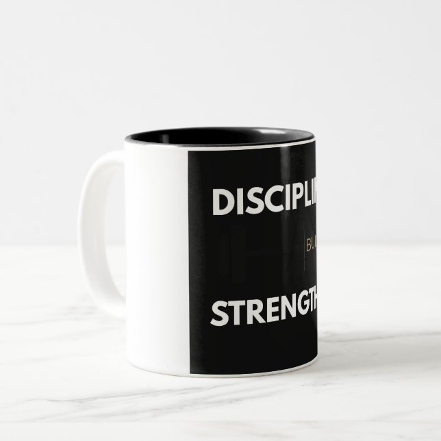 Caneca De Café Em Dois Tons Disciplina Constrói Força Academia de Levantamento (Frente Esquerda)