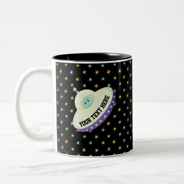 Caneca De Café Em Dois Tons Disco voador moderno e estrelas a preto (Esquerda)