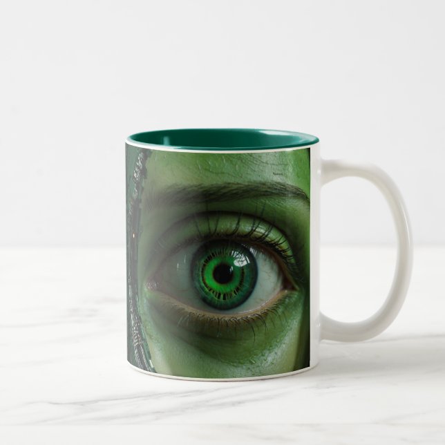 Caneca De Café Em Dois Tons Diversão de Olhos Cibernéticos Verdes (Direita)