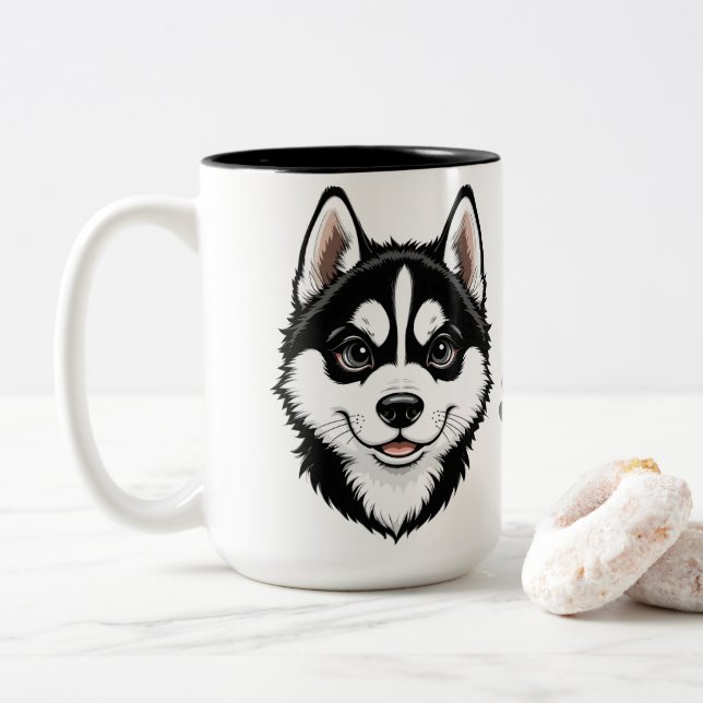Caneca De Café Em Dois Tons Doce Filhote Husky Siberiano (Com Donut)
