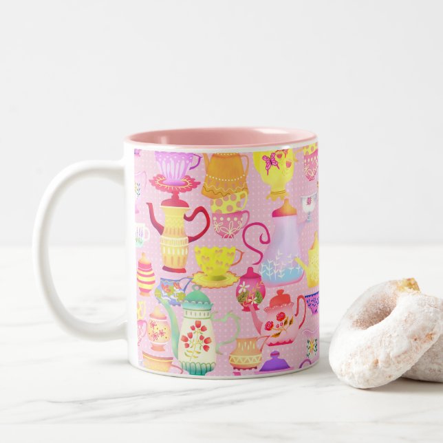Caneca De Café Em Dois Tons Doces e Copas Rosa (Com Donut)