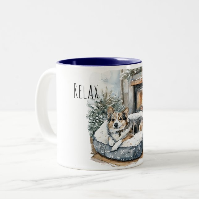 Caneca De Café Em Dois Tons Dog Cozy Fireplace Relax (Frente Esquerda)